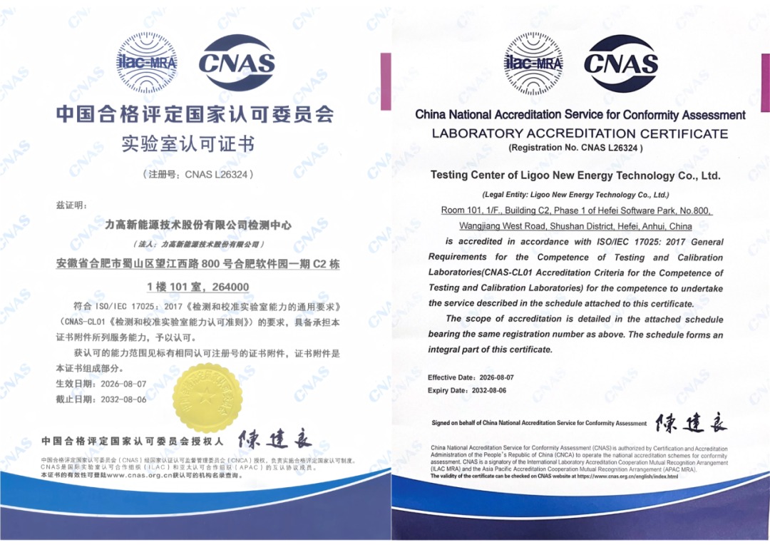 CNAS Laboratory Accreditation Certificate of the LIGOO New Energy Testing Center (Registration No. CNAS L26324)